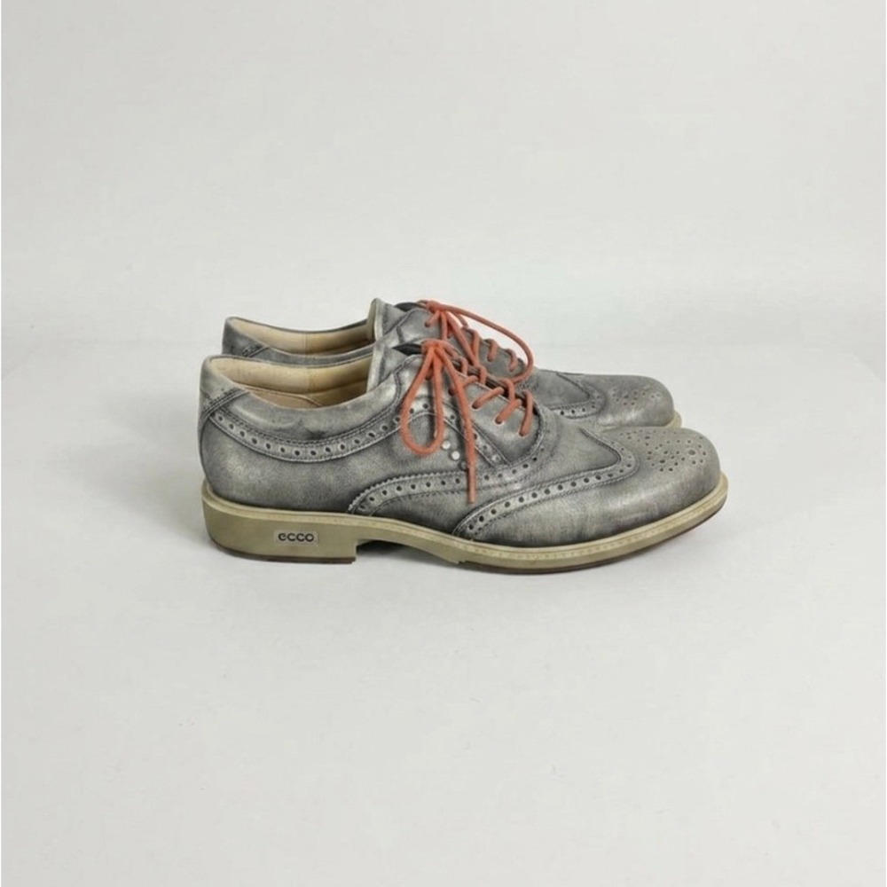 Ecco Wingtip Brogue Oxford Golf Shoes Metallic Silver Orange Laces EU 40